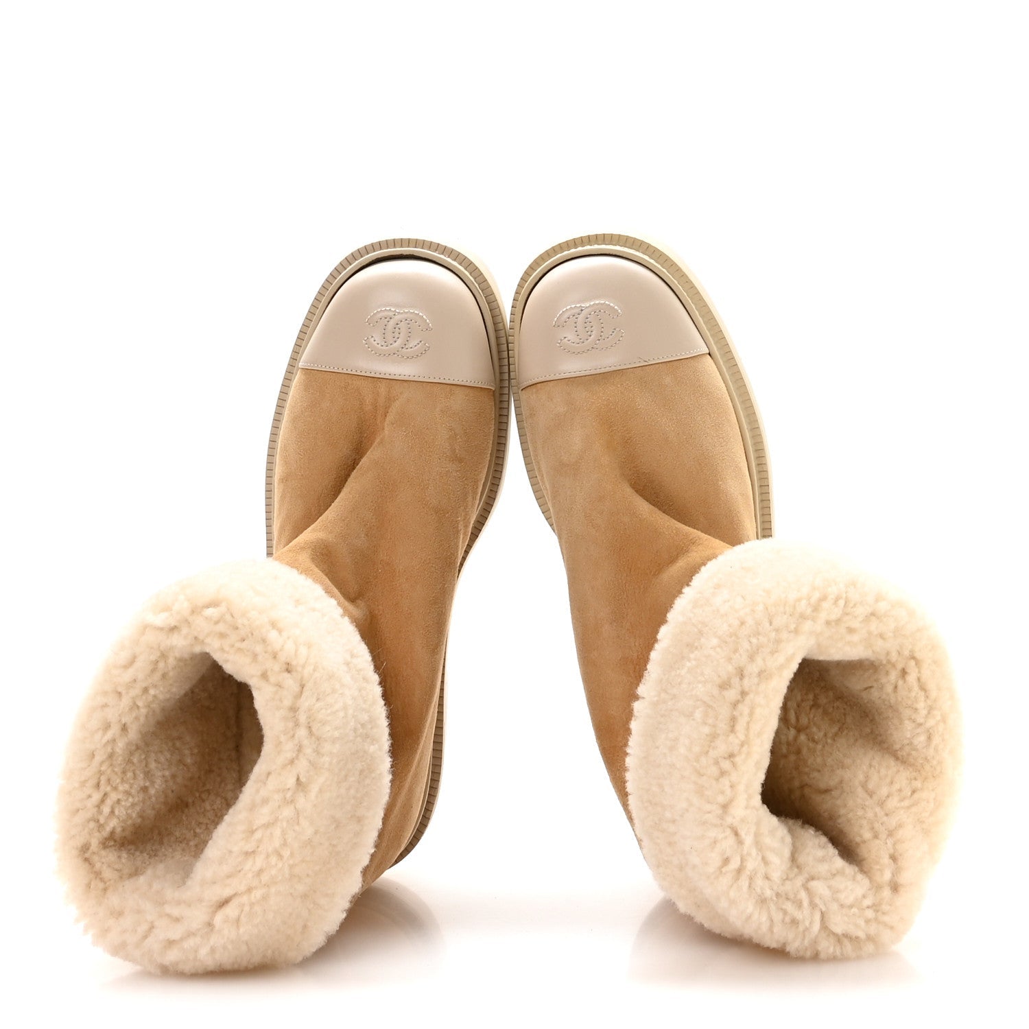 Chanel Suede Shearling Cap Toe Short Boots 38 Beige