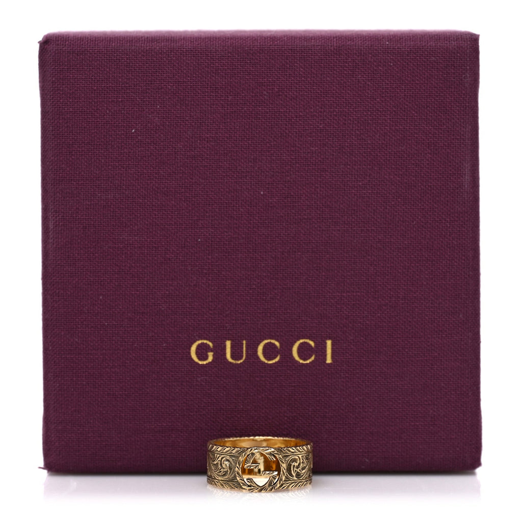 Gucci 18K Yellow Gold Interlocking G Arabesque Ring 55 7.25
