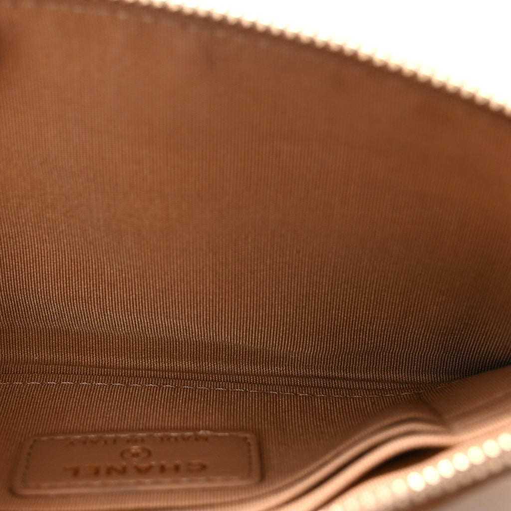 Lambskin Quilted Classic Zip Boy Pouch Beige