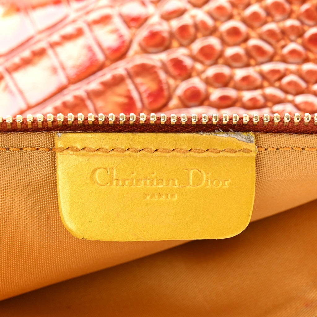 Christian Dior Patent Calfskin Crocodile Embossed Mini Saddle Pochette Orange