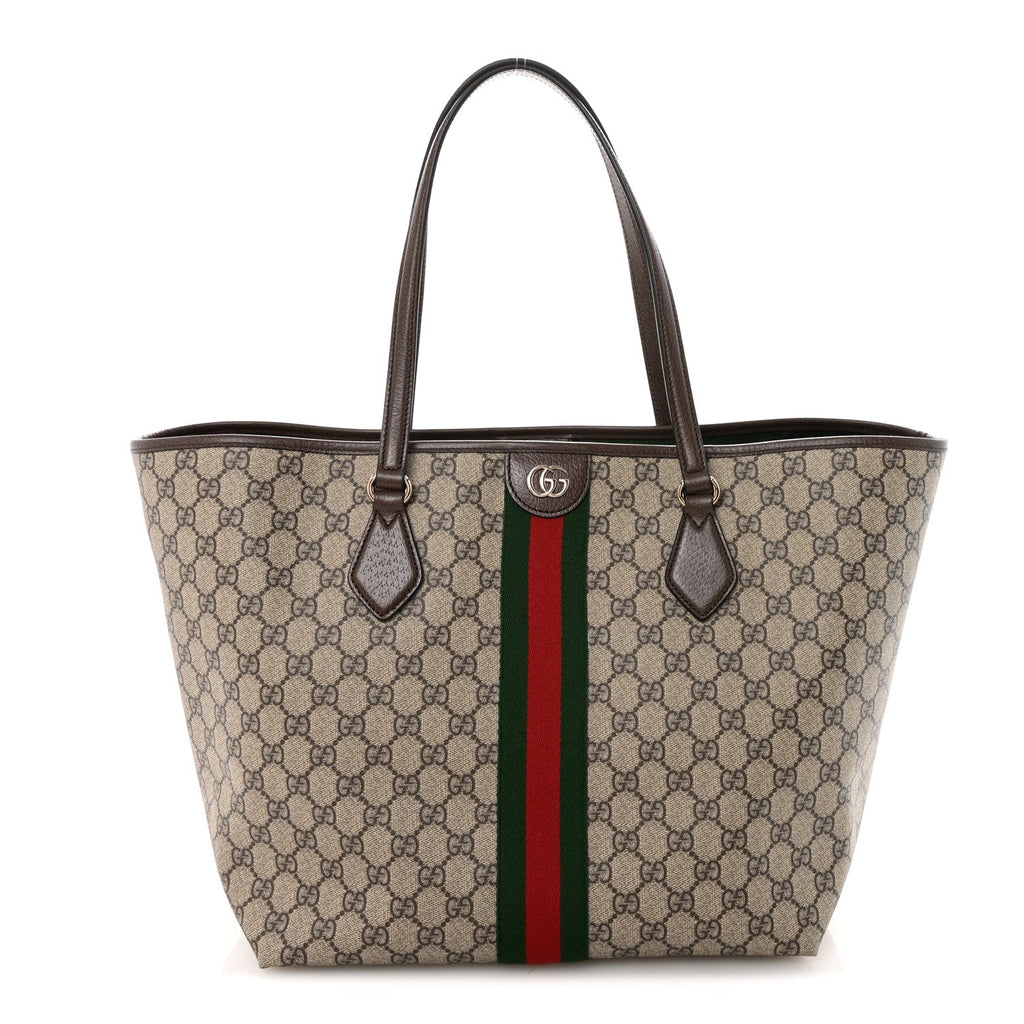 Gucci GG Supreme Monogram Calfskin Web Large Ophidia Tote Beige Dark Brown