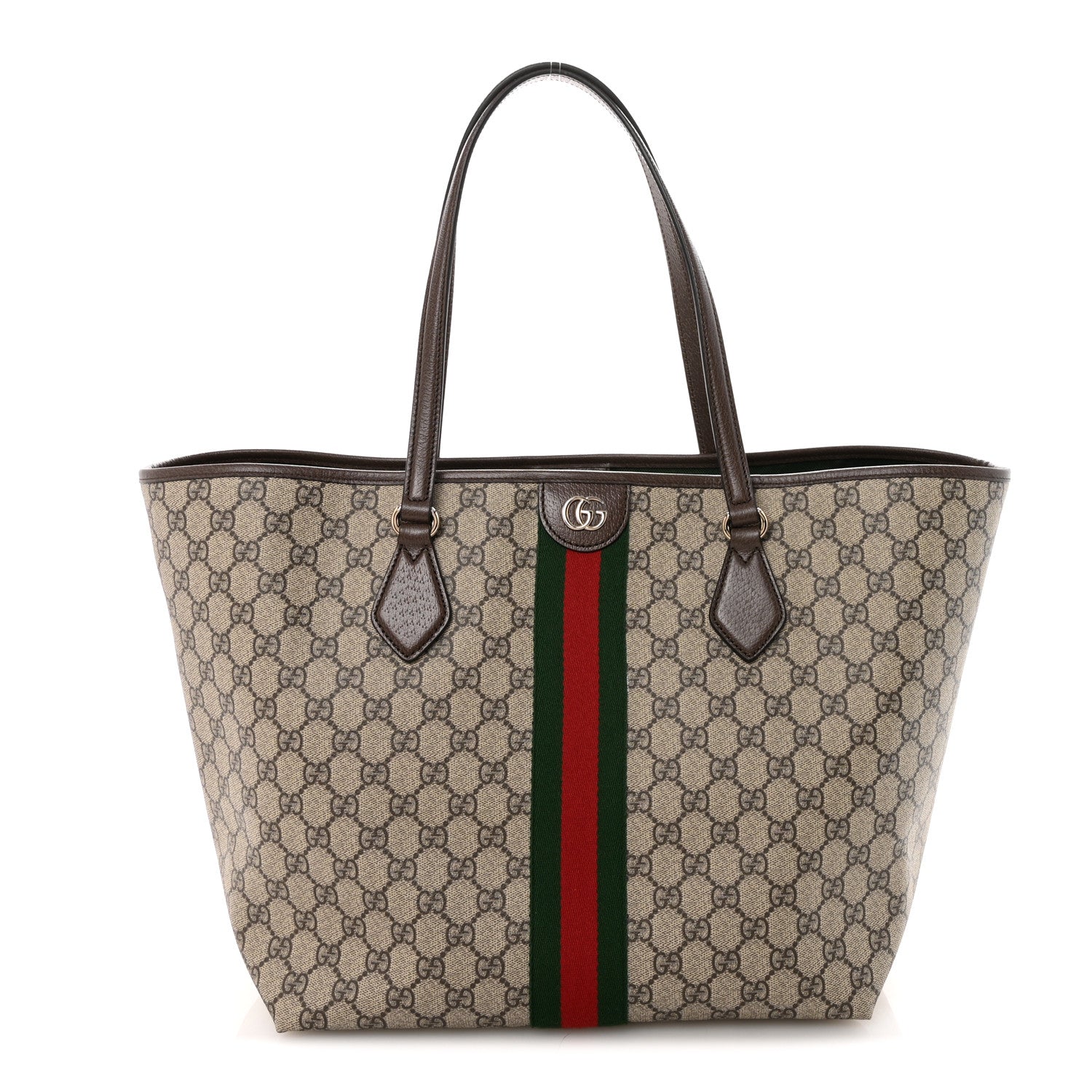 Gucci GG Supreme Monogram Calfskin Web Large Ophidia Tote Beige Dark Brown