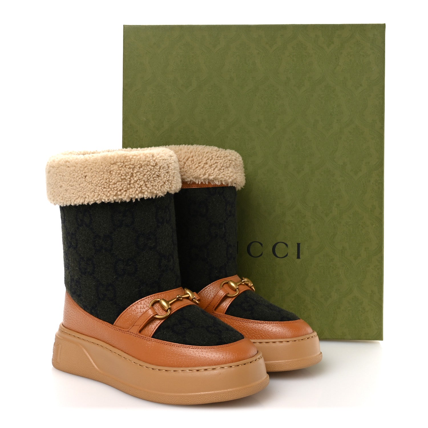 Gucci Covered Wool Monogram Textured Dollar Calfskin Shearling Horsebit Snow Boots 37 Underwood Blue Hazel Brown