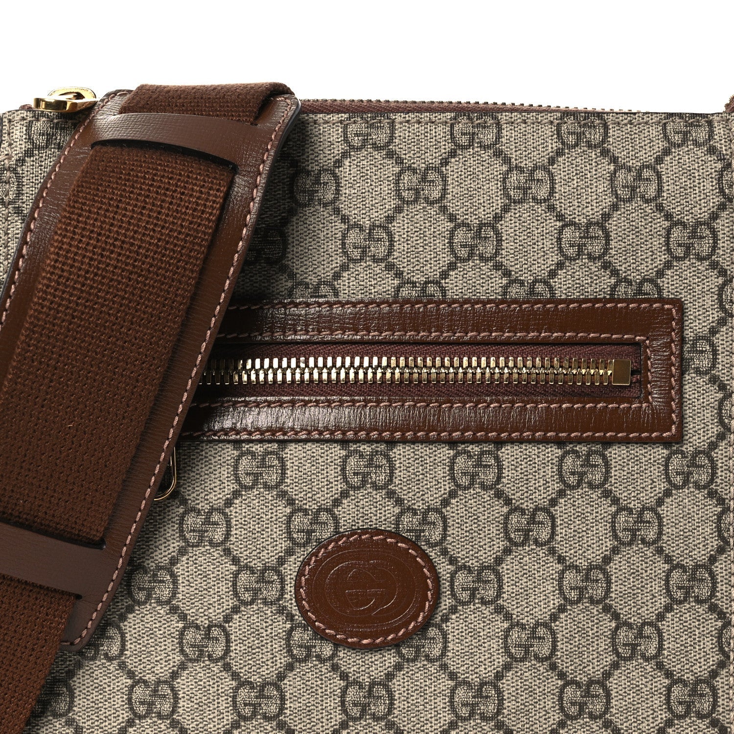 Gucci GG Supreme Monogram Azalea Calfskin Retro Interlocking G Flat Messenger Bag Beige Ebony Brown Sugar