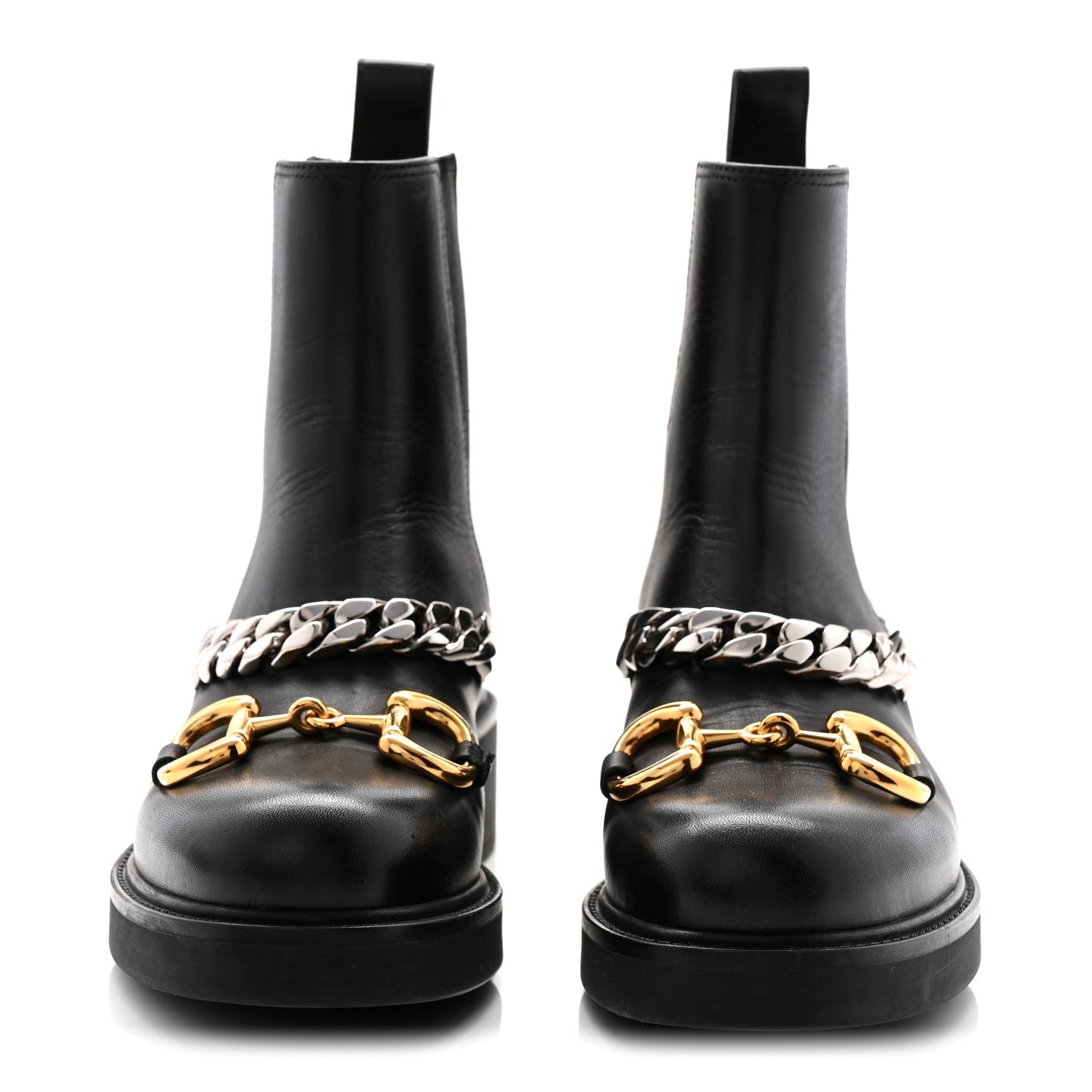 Gucci Flores Calfskin Horsebit Chain Ankle Boots 35.5 Black