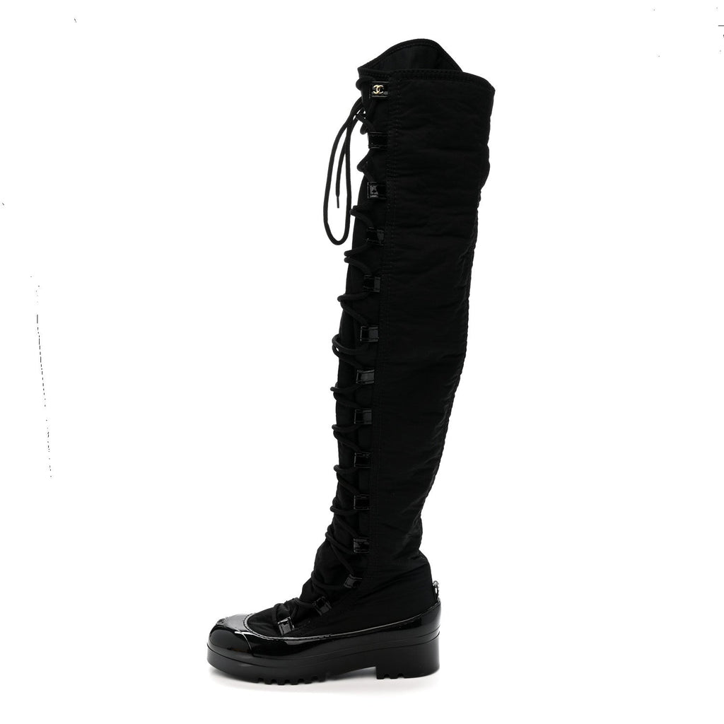 Nylon Rubber CC Lace Up Thigh High Boots 40 Black