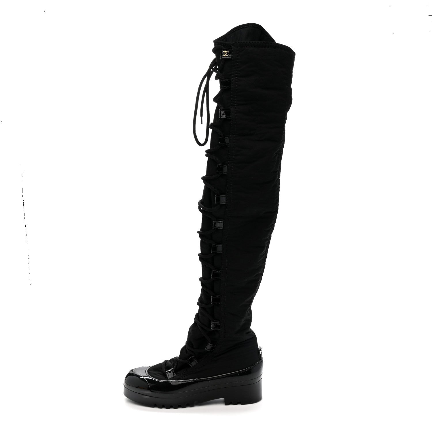 Nylon Rubber CC Lace Up Thigh High Boots 40 Black