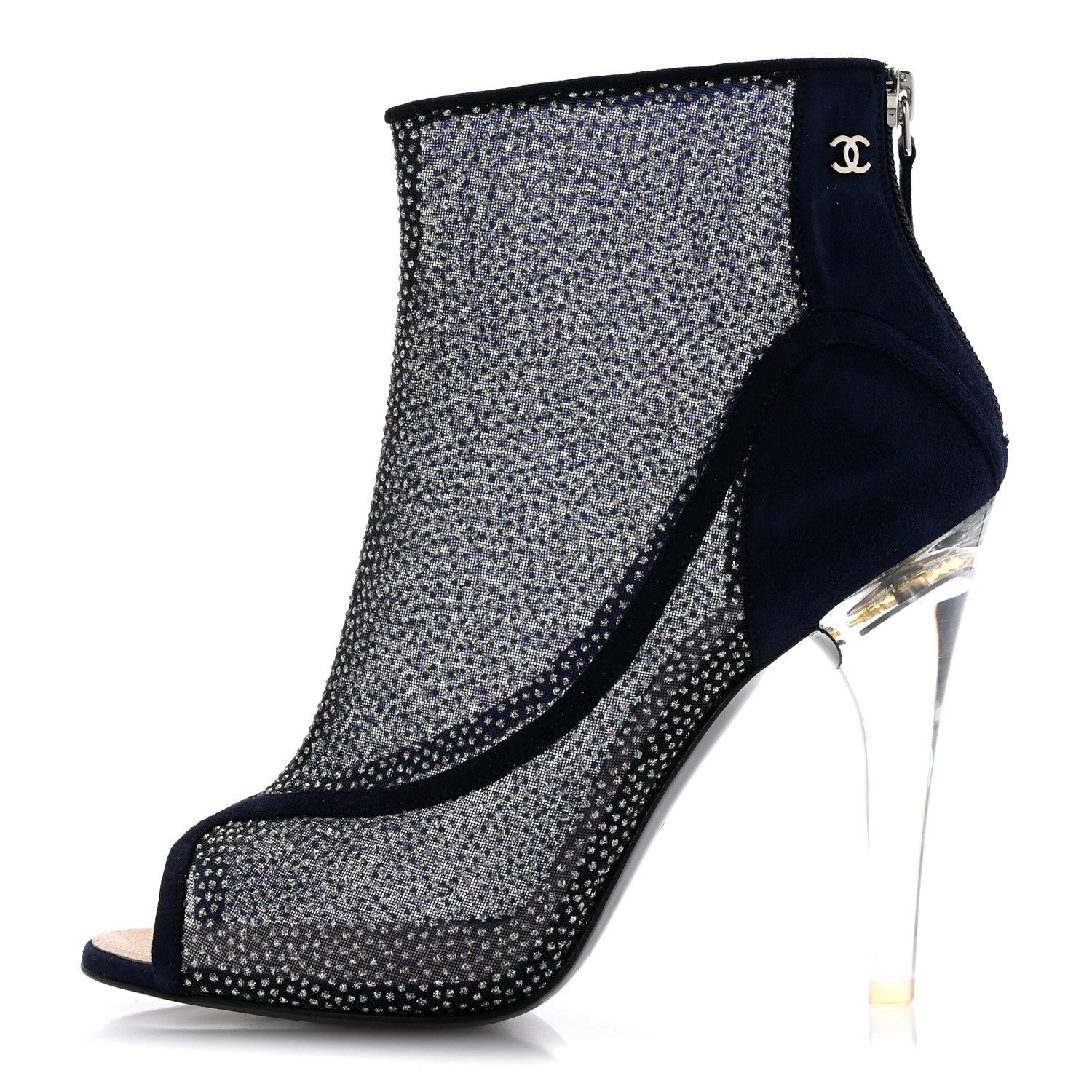 Mesh Crystal Open Toe Ankle Boots 40 Navy