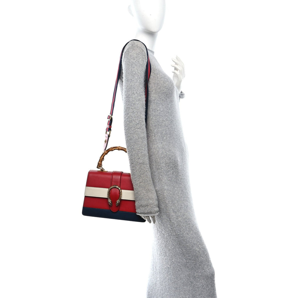 Gucci Calfskin Bamboo Web Medium Dionysus Top Handle Bag Red White Blue