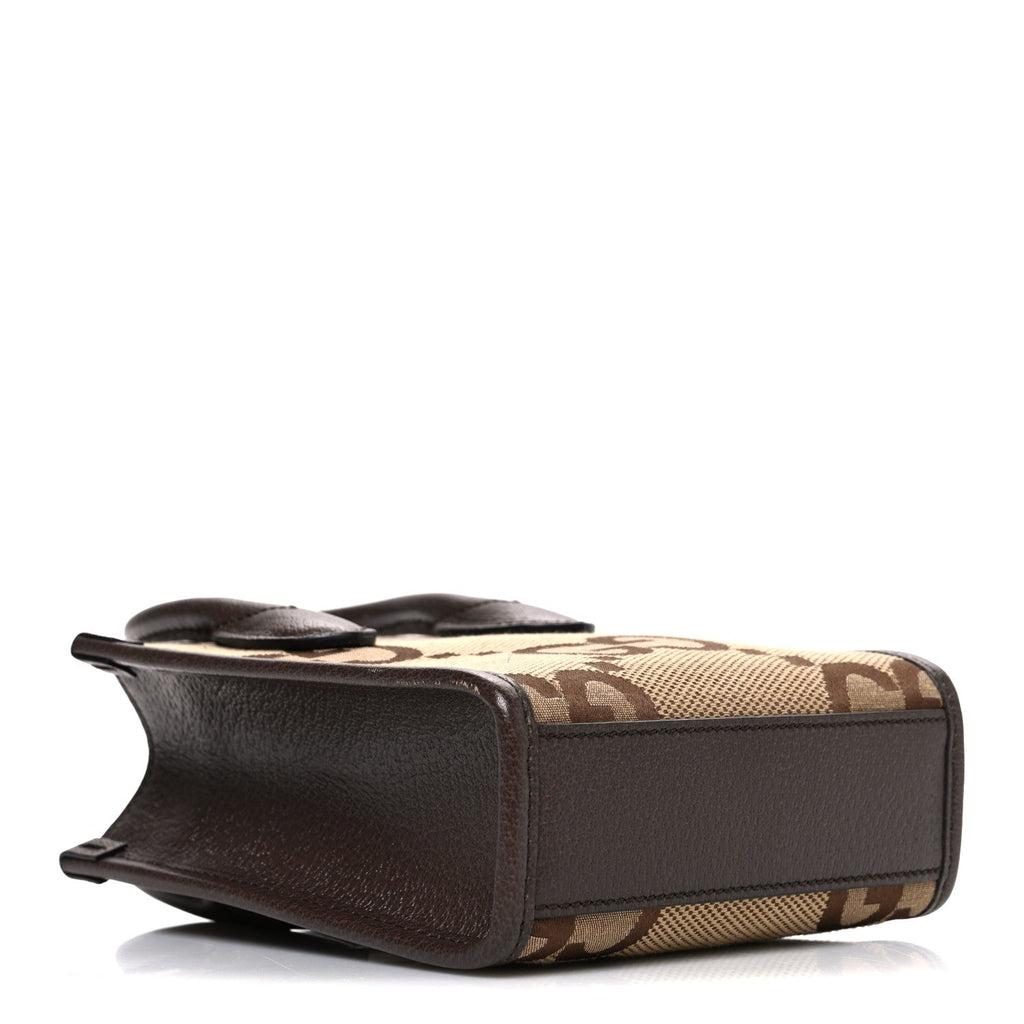 Gucci Monogram Jumbo GG Textured Dollar Calfskin Web Mini Vertical Tote Camel Ebony New Acero