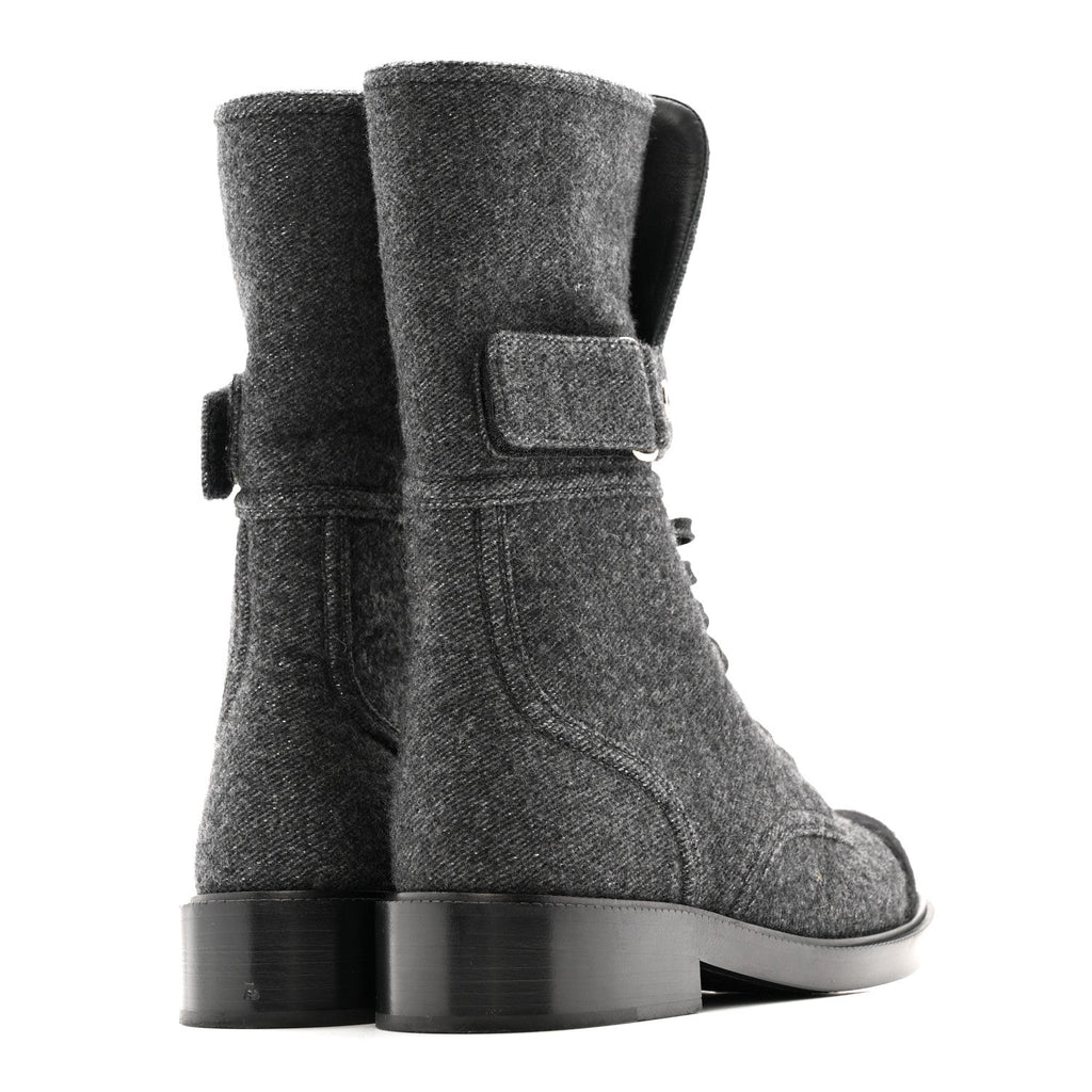 Chanel Tweed Lace Up Combat Boots 37.5 Dark Grey Black