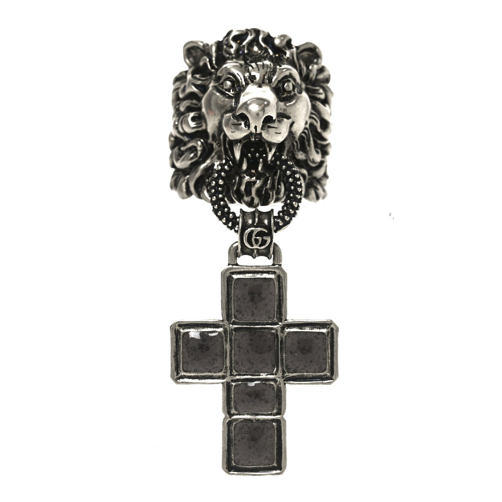Gucci Enamel Brass Lion Head Crucifix Ring XL Black