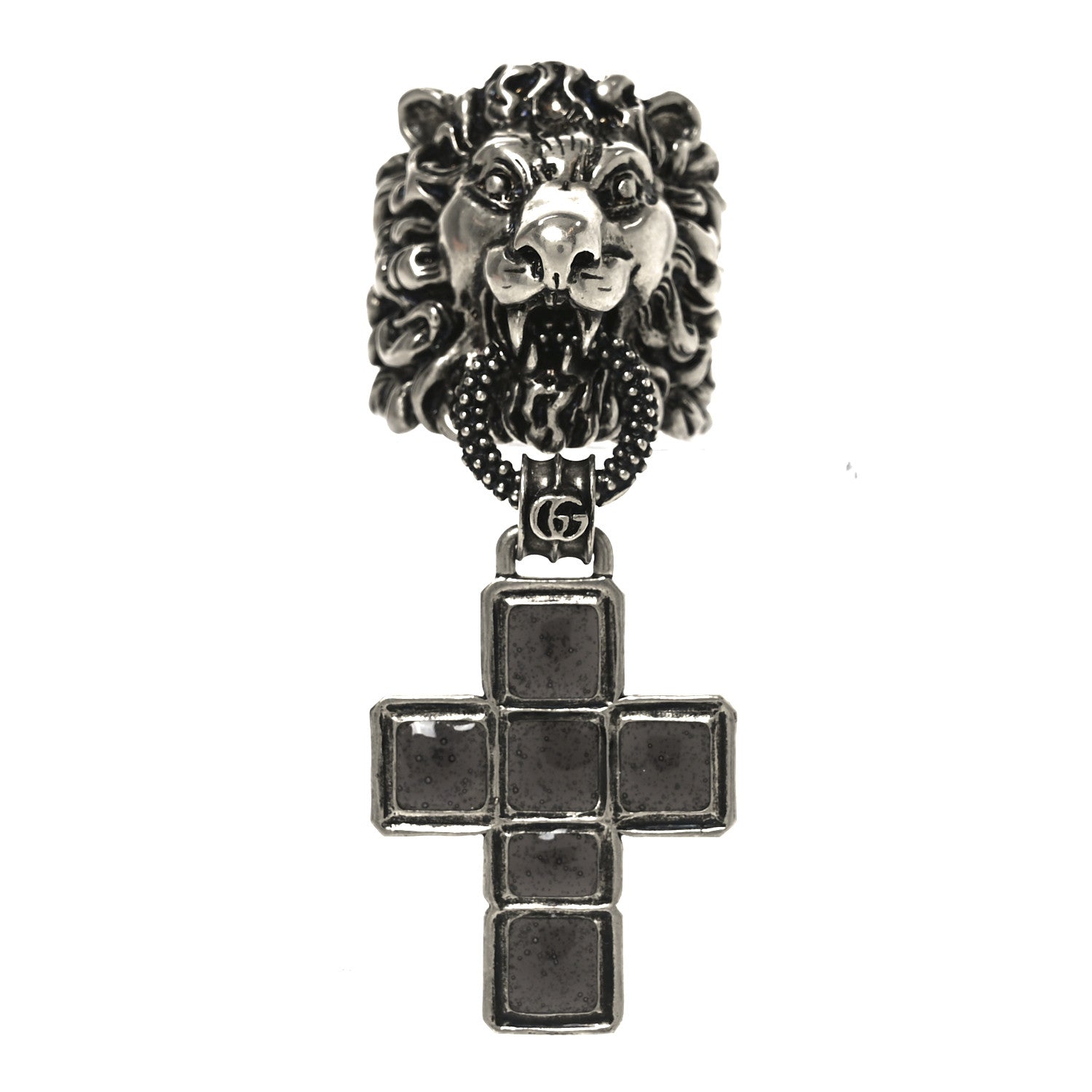 Gucci Enamel Brass Lion Head Crucifix Ring XL Black