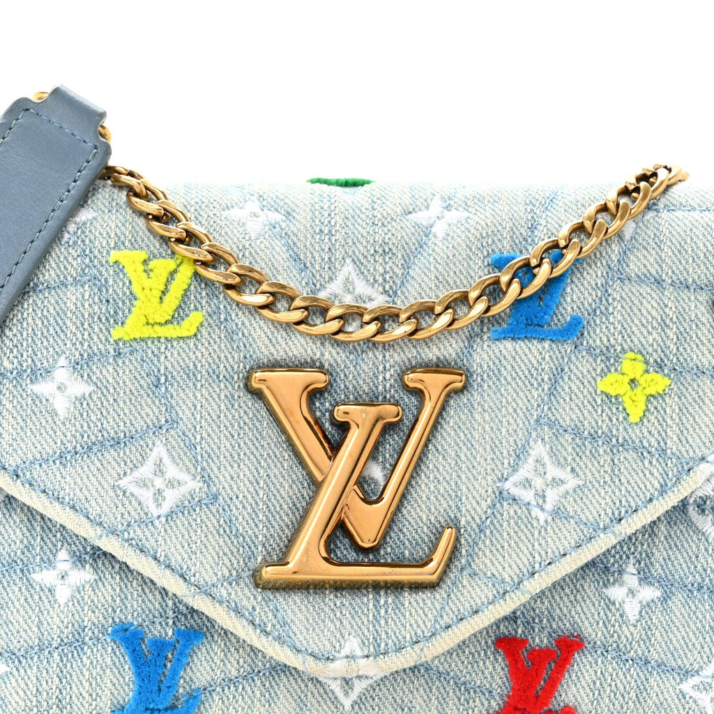 Louis Vuitton Embroidered Monogram Denim New Wave Chain Pochette Blue