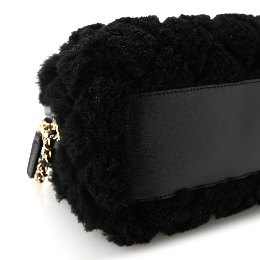 Chanel Shearling Quilted Barrel Clutch With Chain Black