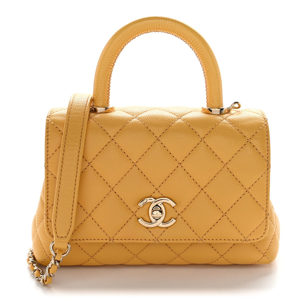 Chanel Caviar Lizard Embossed Quilted Extra Mini Coco Handle Flap Yellow