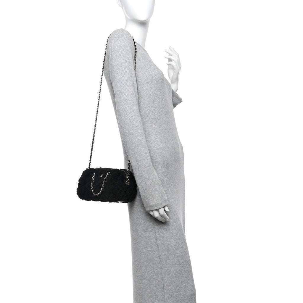 Chanel Shearling Quilted Barrel Clutch With Chain Black