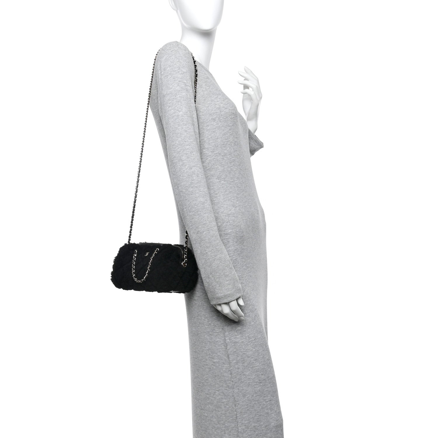 Chanel Shearling Quilted Barrel Clutch With Chain Black
