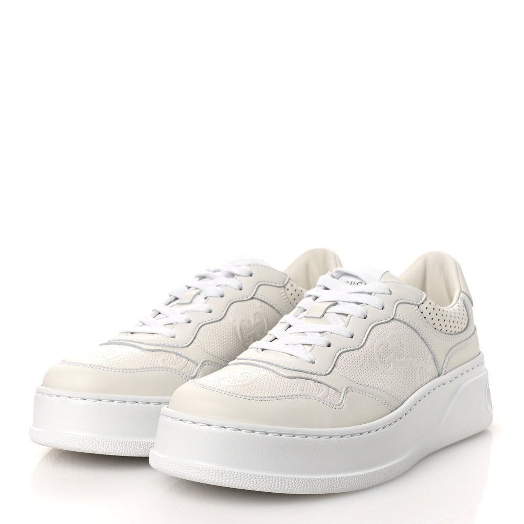 Gucci Calfskin GG Tennis Embossed Perforated Womens Platform 55mm Sneakers 40.5 Great White