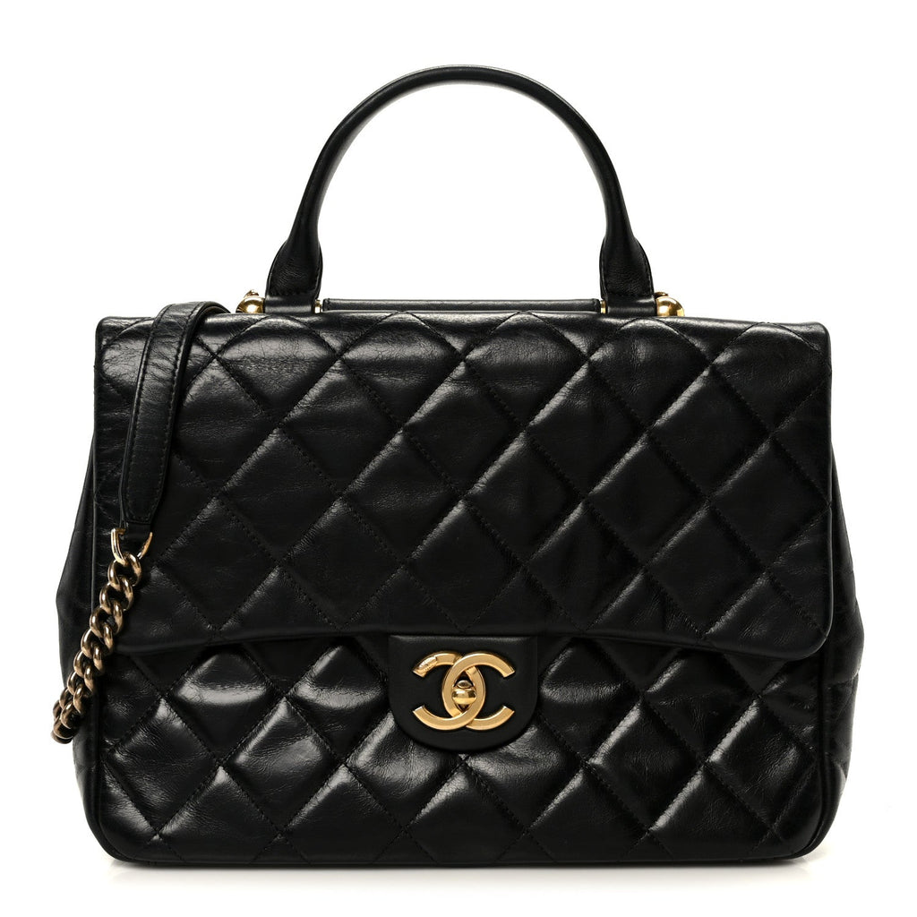 Chanel Glazed Calfskin Quilted Large Gold Bar Top Handle Flap Black