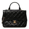 Chanel Glazed Calfskin Quilted Large Gold Bar Top Handle Flap Black