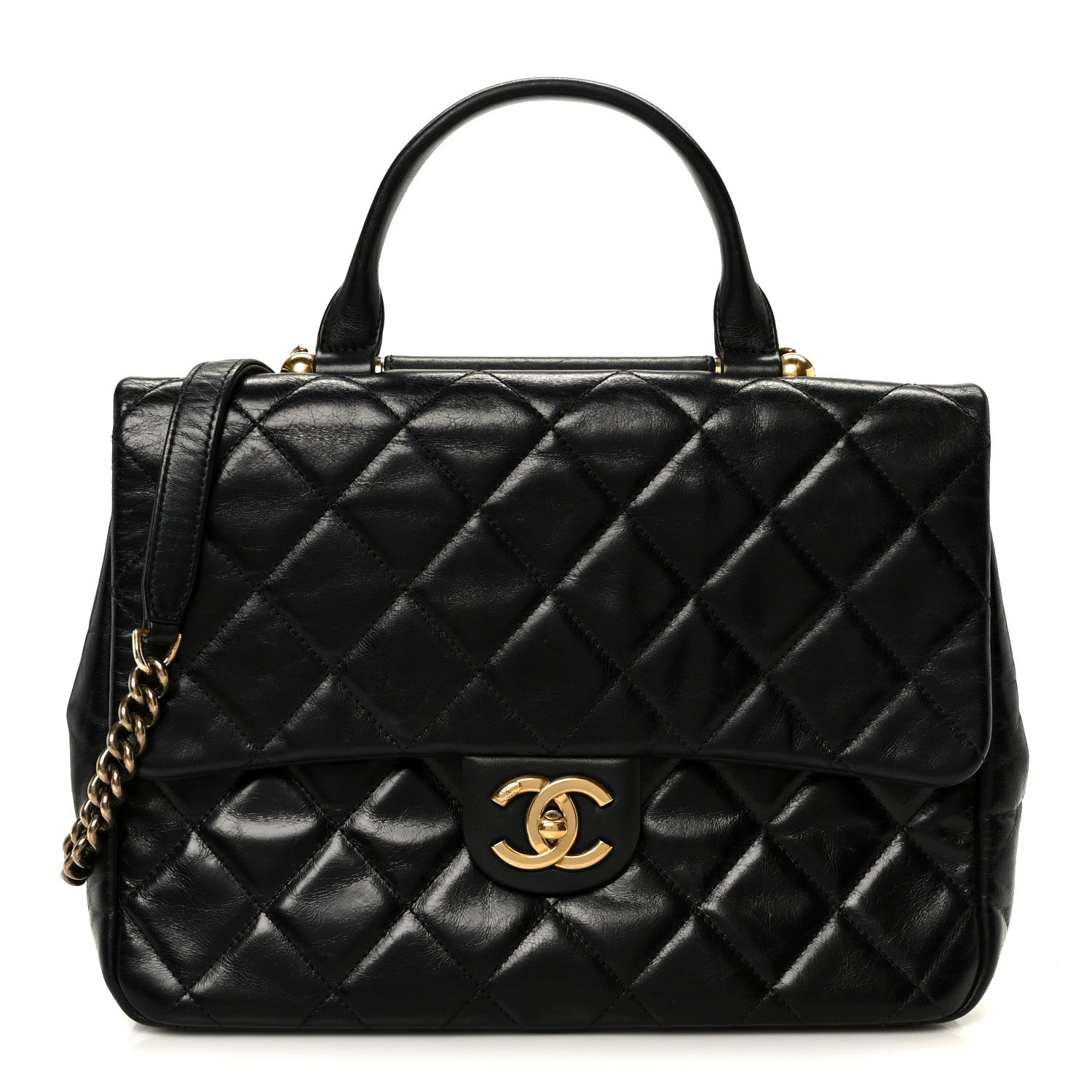 Chanel Glazed Calfskin Quilted Large Gold Bar Top Handle Flap Black