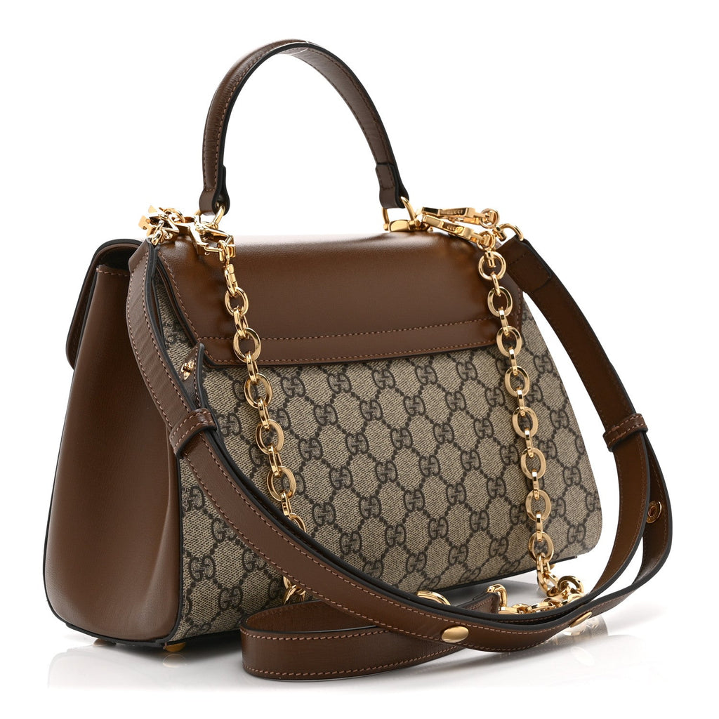 Gucci GG Supreme Monogram Calfskin Medium Horsebit 1955 Top Handle Bag Beige Ebony Brown Sugar