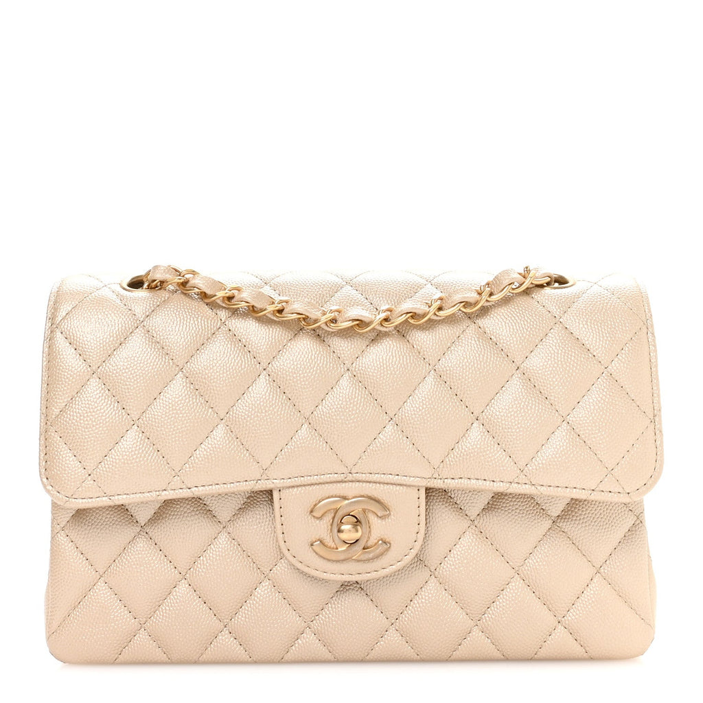 Chanel Metallic Caviar Quilted Small Double Flap Beige