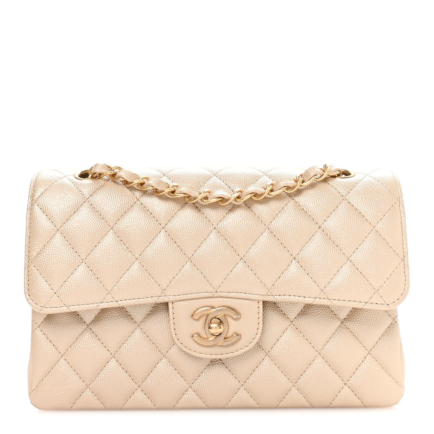 Chanel Metallic Caviar Quilted Small Double Flap Beige