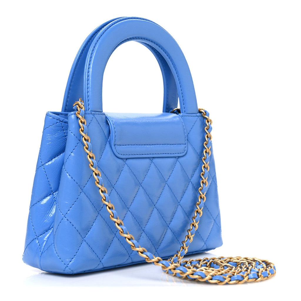 Chanel Shiny Aged Calfskin Quilted Nano Kelly Shopper Blue