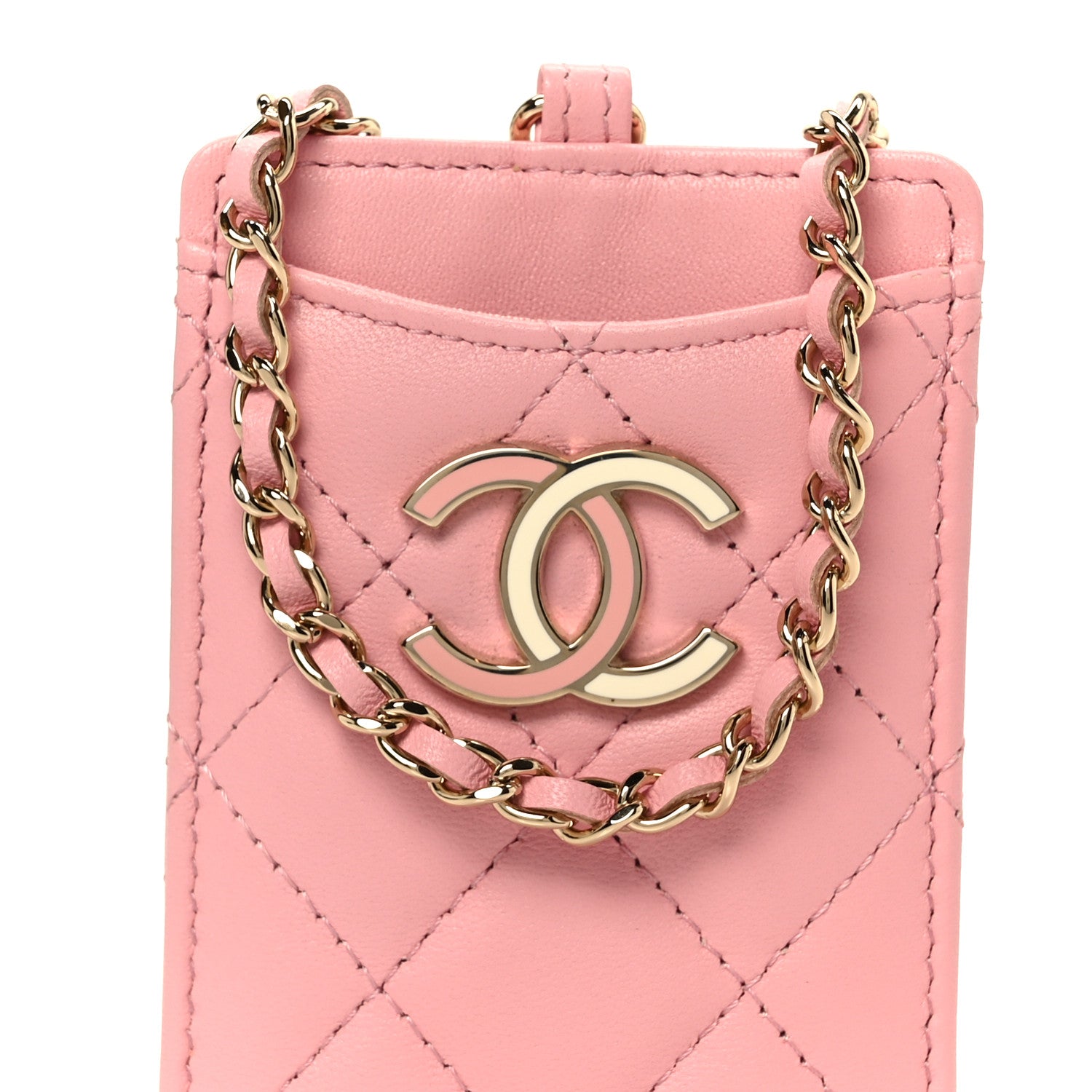 Lambskin Quilted Enamel Chanel Card Holder On Chain Light Pink