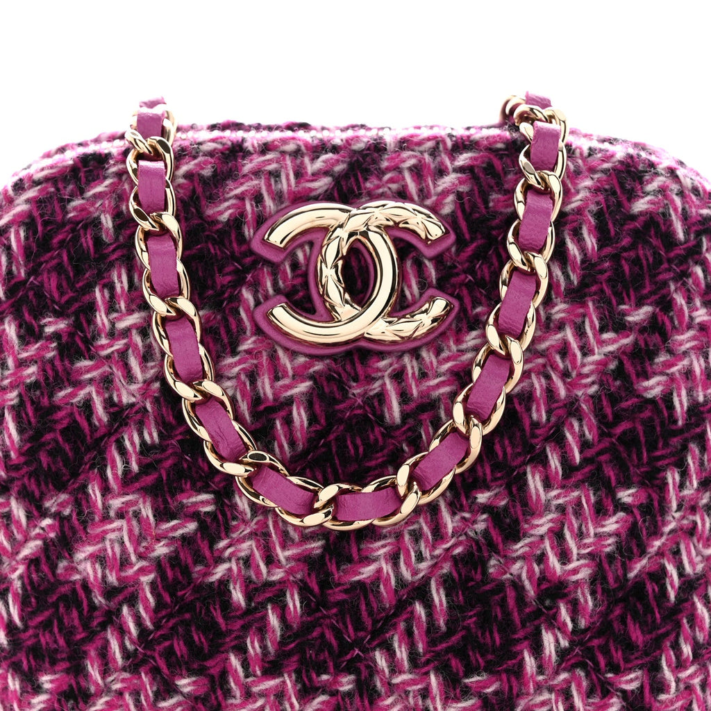 Chanel Tweed Quilted Mini Clutch With Chain Purple