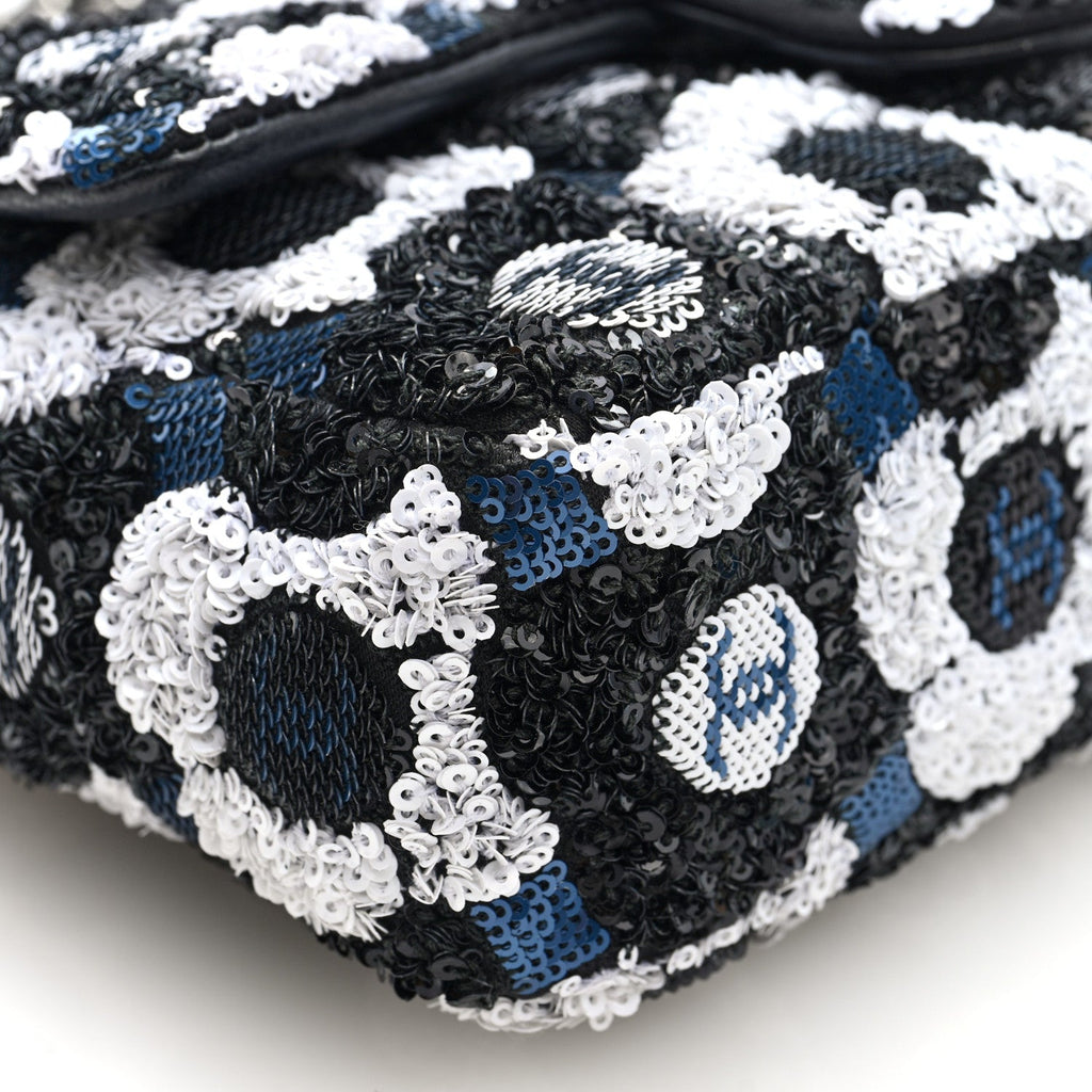 Chanel Satin Sequin Embellished Flower Mini Rectangular Flap Black White Blue