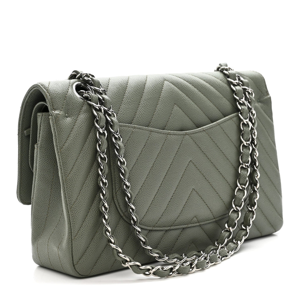 Chanel Caviar Chevron Quilted Medium Double Flap  Green