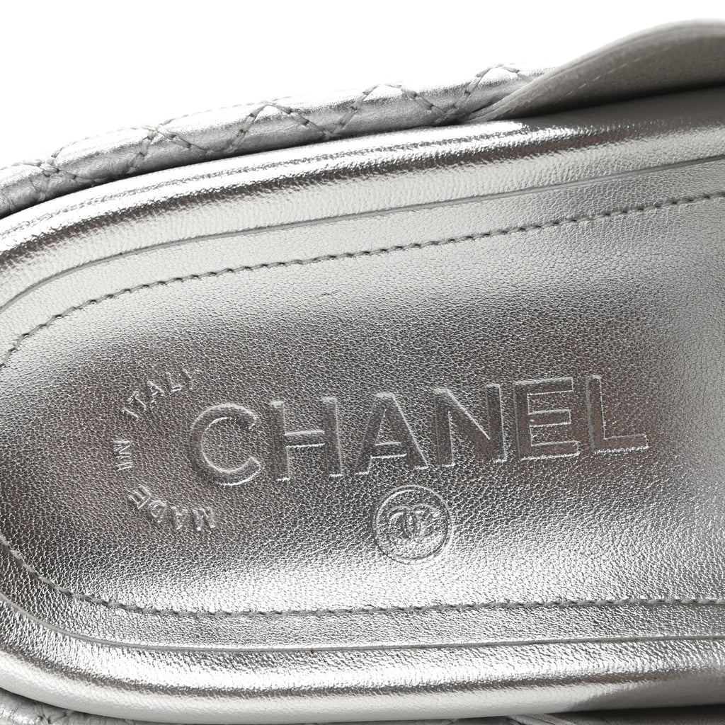 Laminated Lambskin Quilted Velcro Crystal CC Dad Slide Sandals 40 Silver