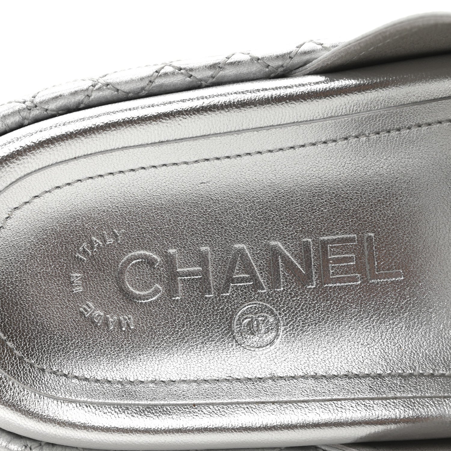 Laminated Lambskin Quilted Velcro Crystal CC Dad Slide Sandals 40 Silver