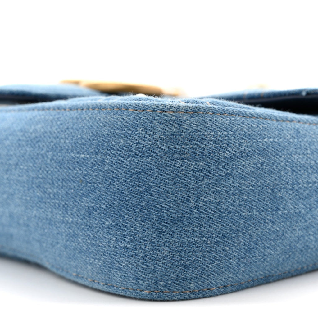 Gucci Denim Matelasse Pearl Studded Mini GG Marmont Shoulder Bag Blue