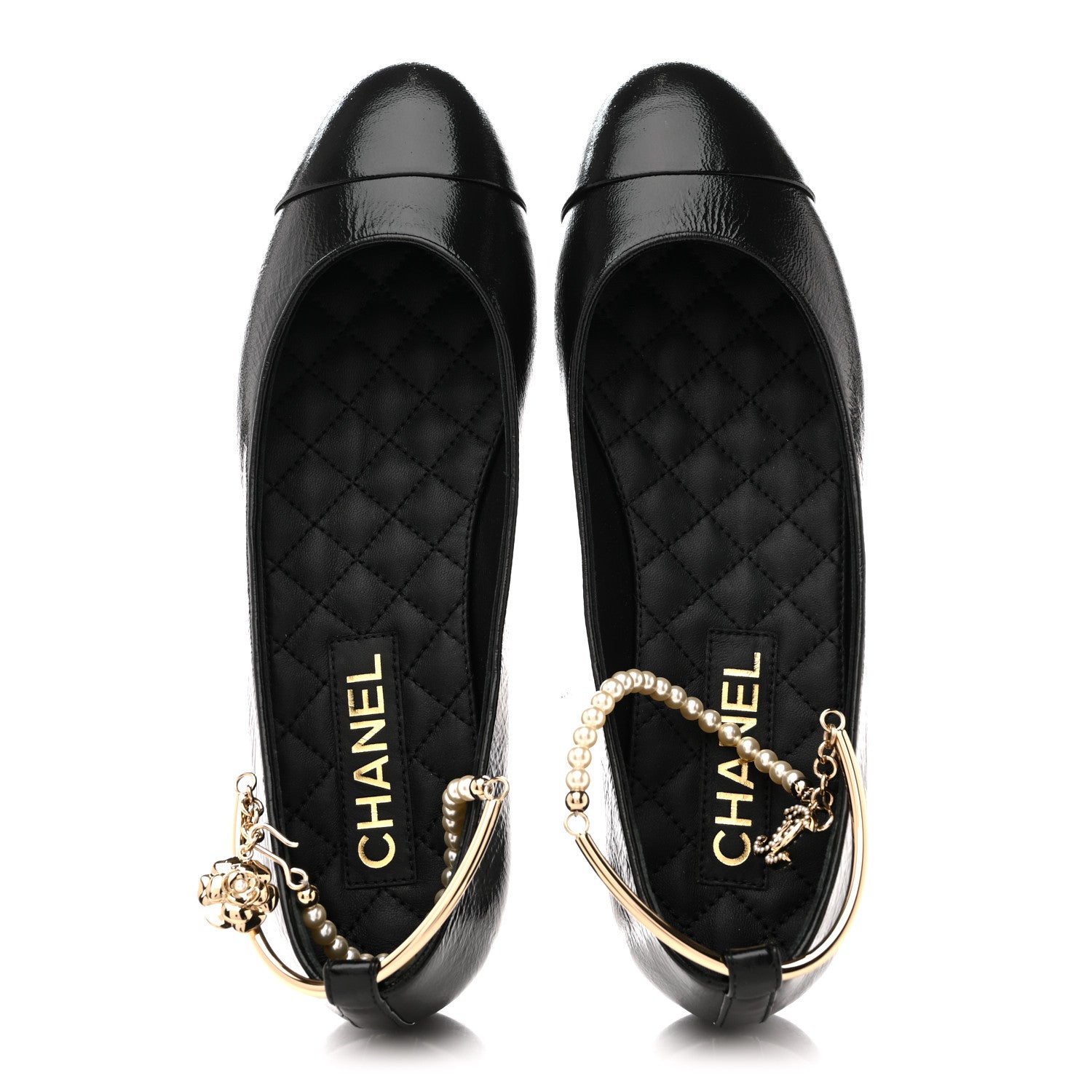Chanel Shiny Lambskin Pearl Cap Toe Ankle Chain Ballerina Flats 39 Black