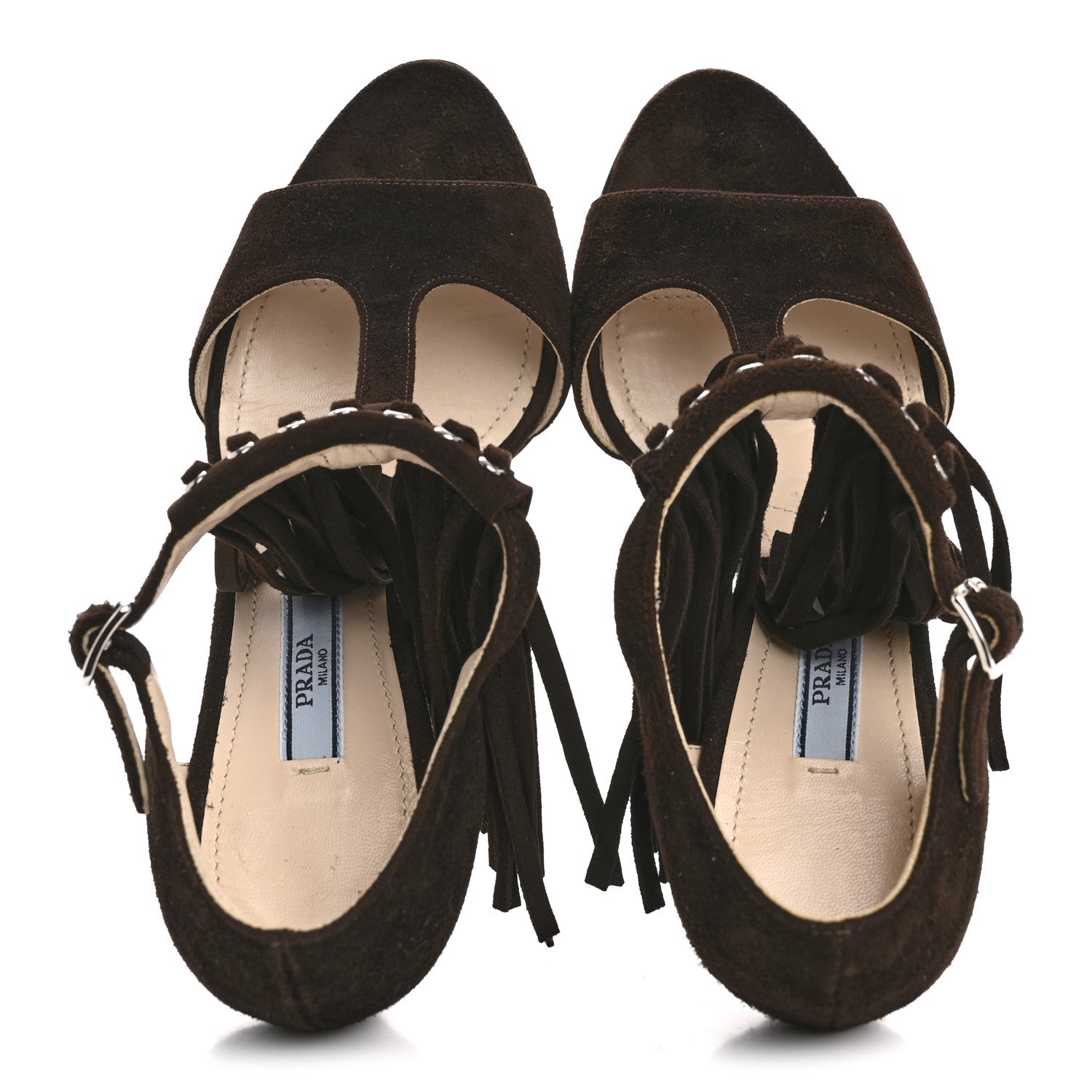 Prada Suede Fringe Peep Toe Sandal 36 Moro
