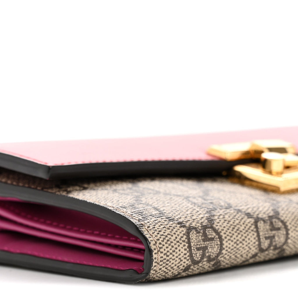 Gucci GG Supreme Monogram Moon Calfskin Padlock Continental Chain Wallet Beige Ebony Hibiscus Red New Rosette