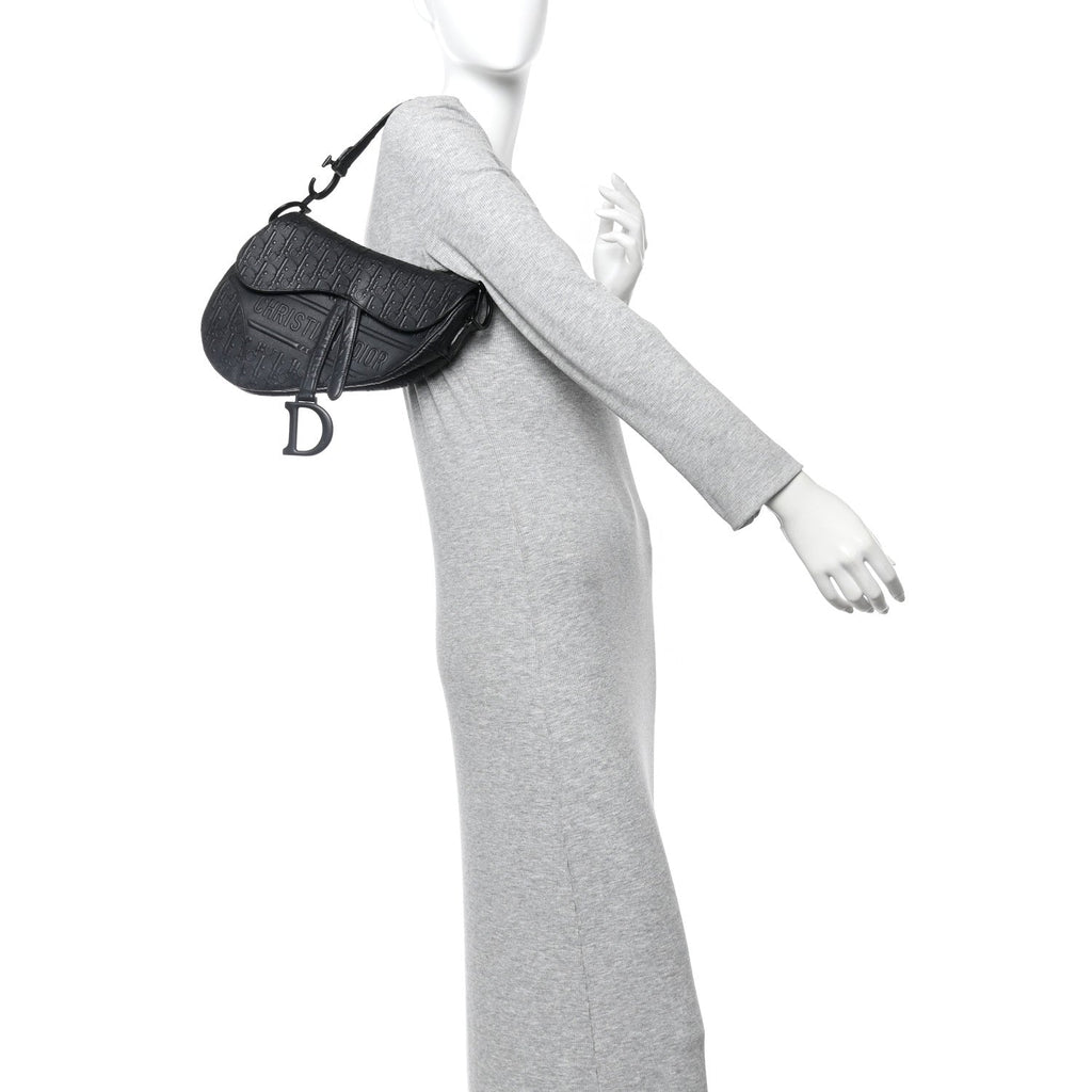 Christian Dior Calfskin Embossed Oblique Saddle Bag Black