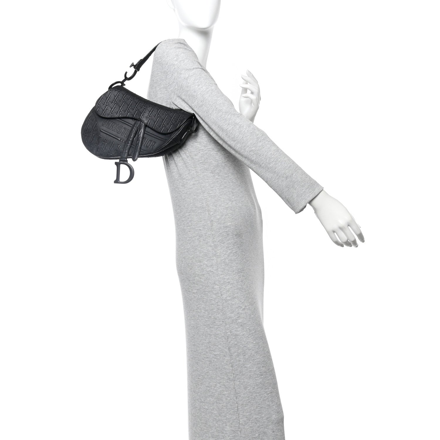 Christian Dior Calfskin Embossed Oblique Saddle Bag Black