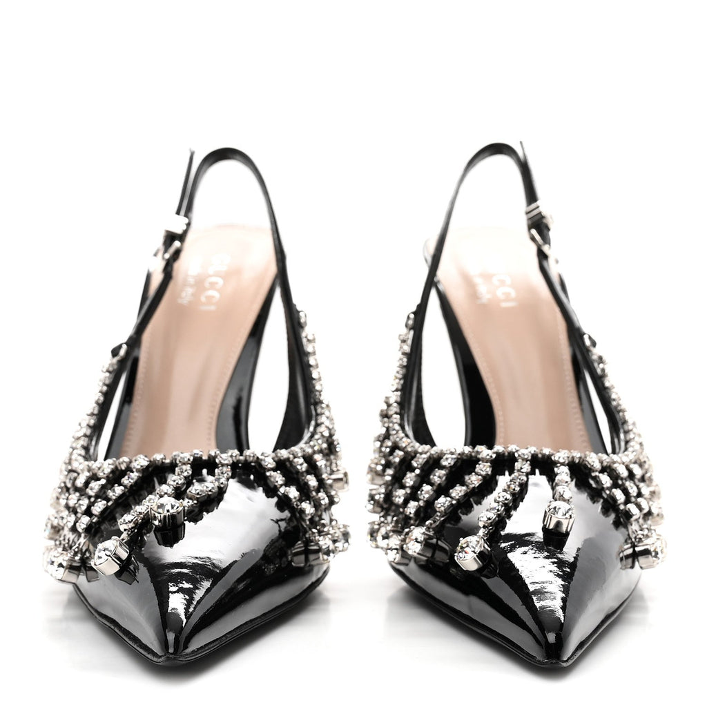 Gucci Vernice Crystal Embellished Guinevere Slingback Pumps 37 Black