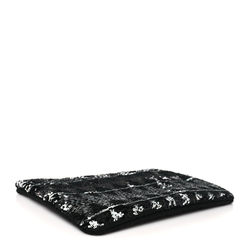 Chanel Sequin Wool Quilted Cosmetic Pouch Black Silver
