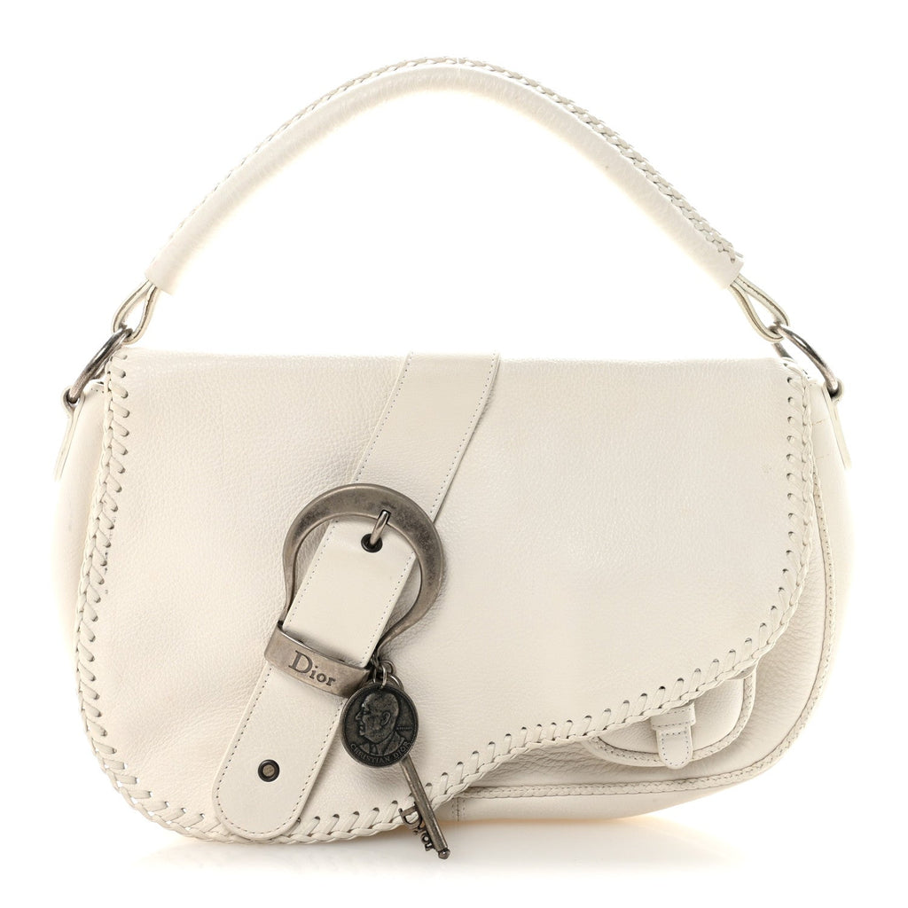 Christian Dior Calfskin Braided Gaucho Double Saddle Bag White