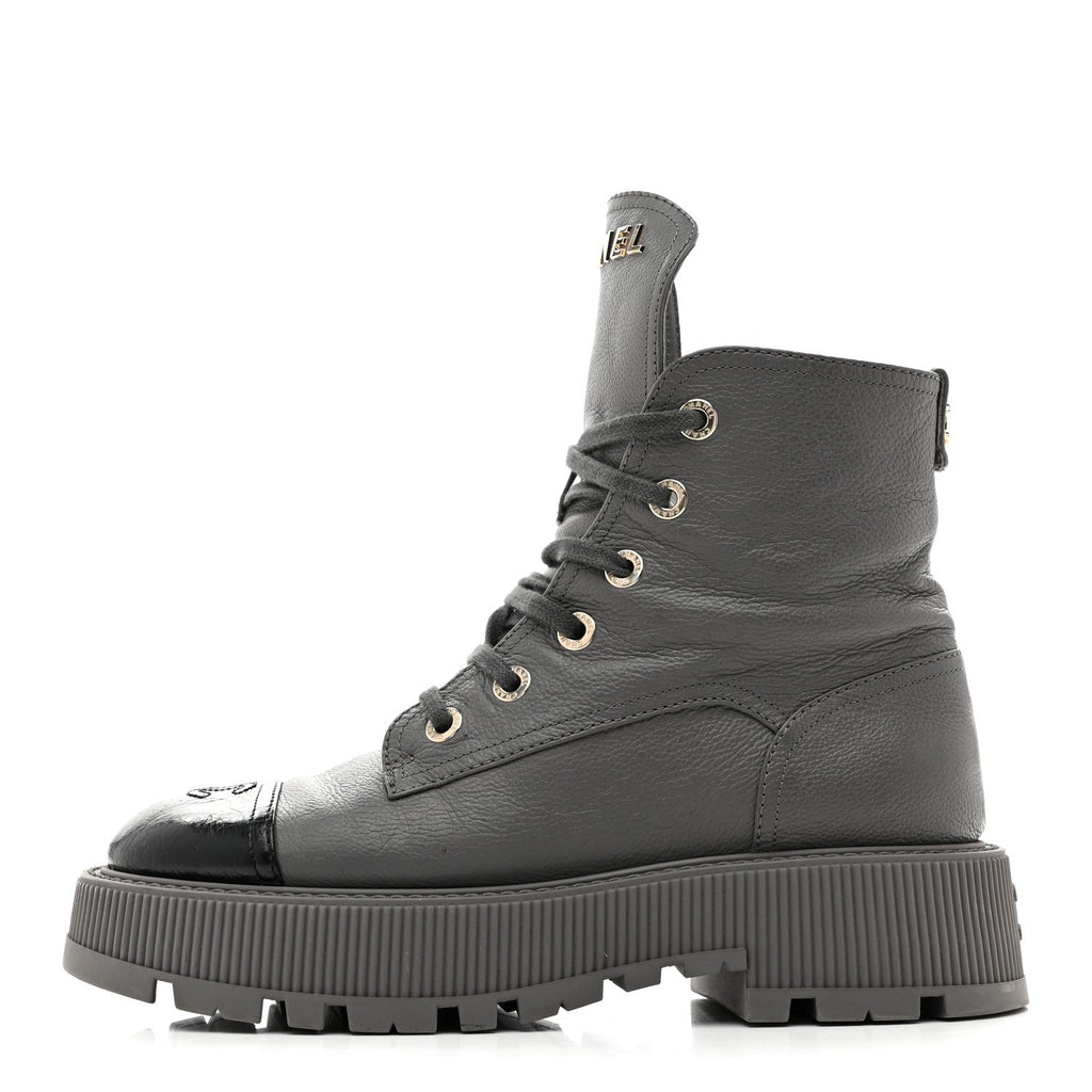 Calfskin CC Lace Up Combat Boots 39 Gray