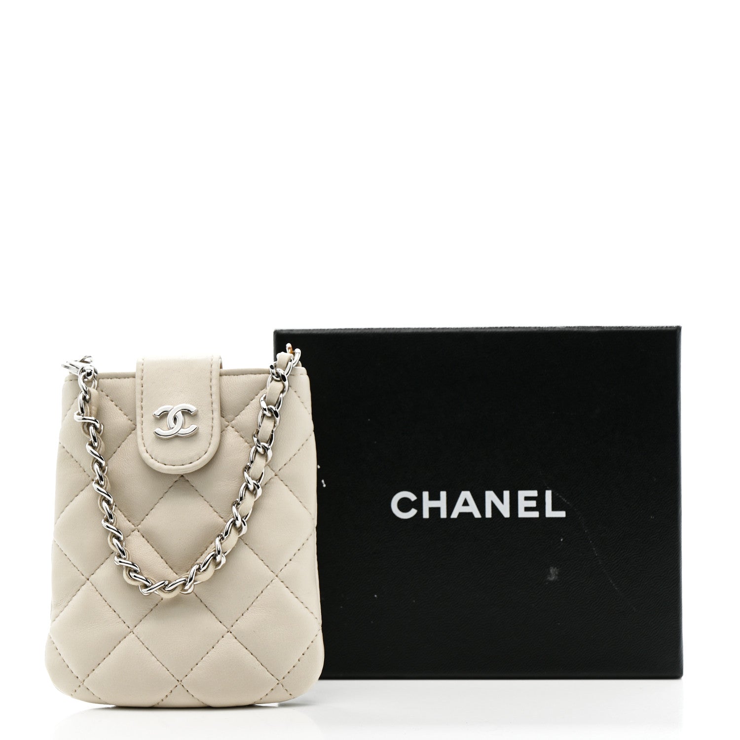 Chanel Lambskin Quilted Phone Holder On Chain White