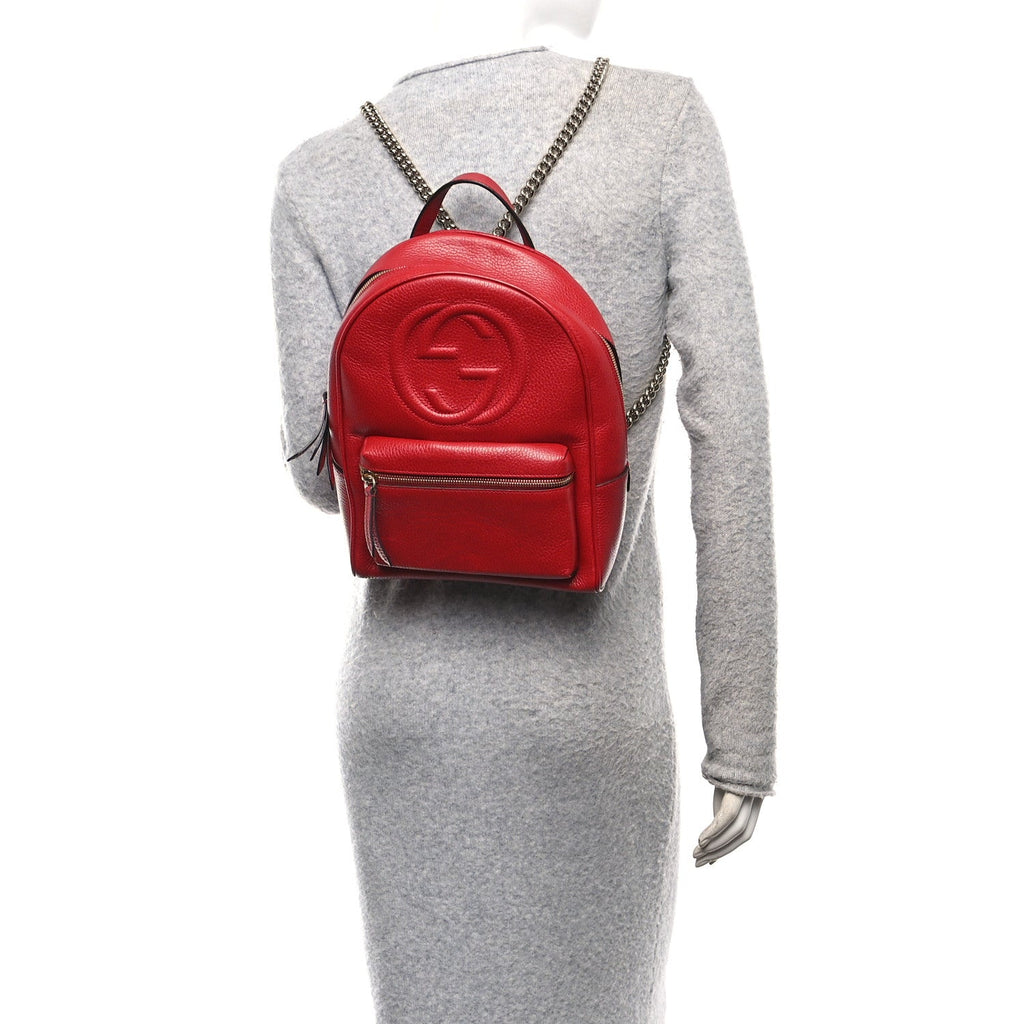 Gucci Pebbled Calfskin Soho Chain Backpack Hibiscus Red