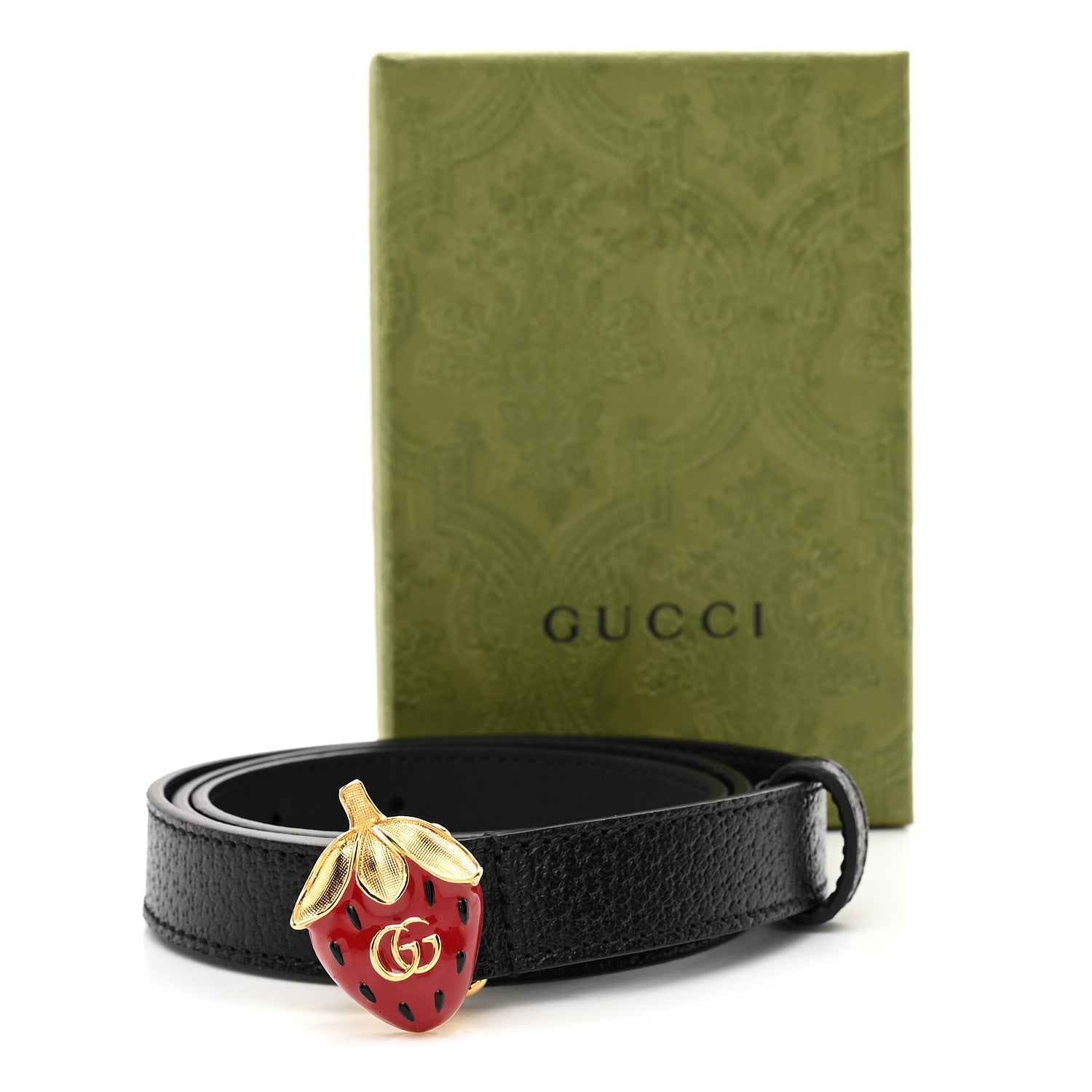 Gucci Calfskin Strawberry Buckle Thin Belt  80 32 Black