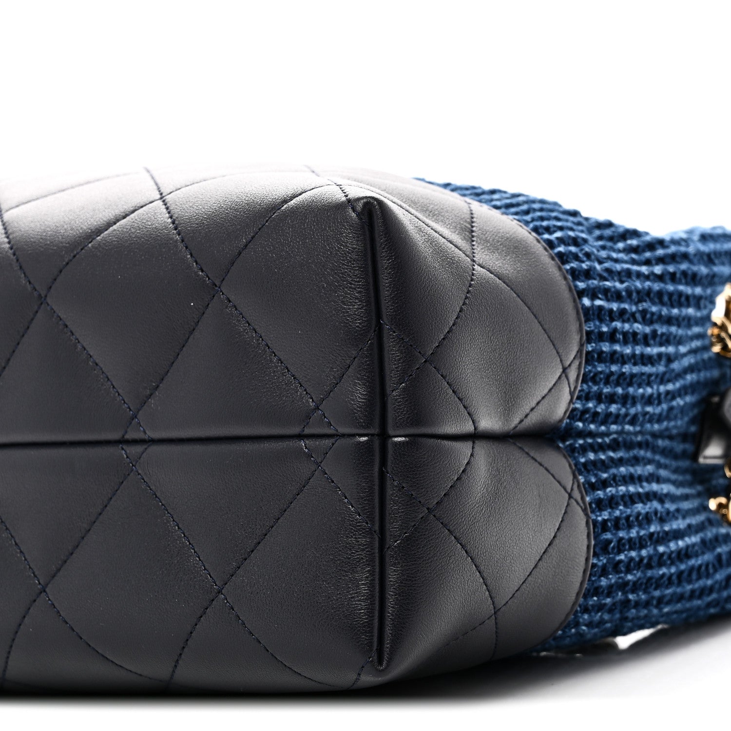 Chanel Tweed Shiny Lambskin Quilted Coco Base Small Shopping Bag Dark Blue